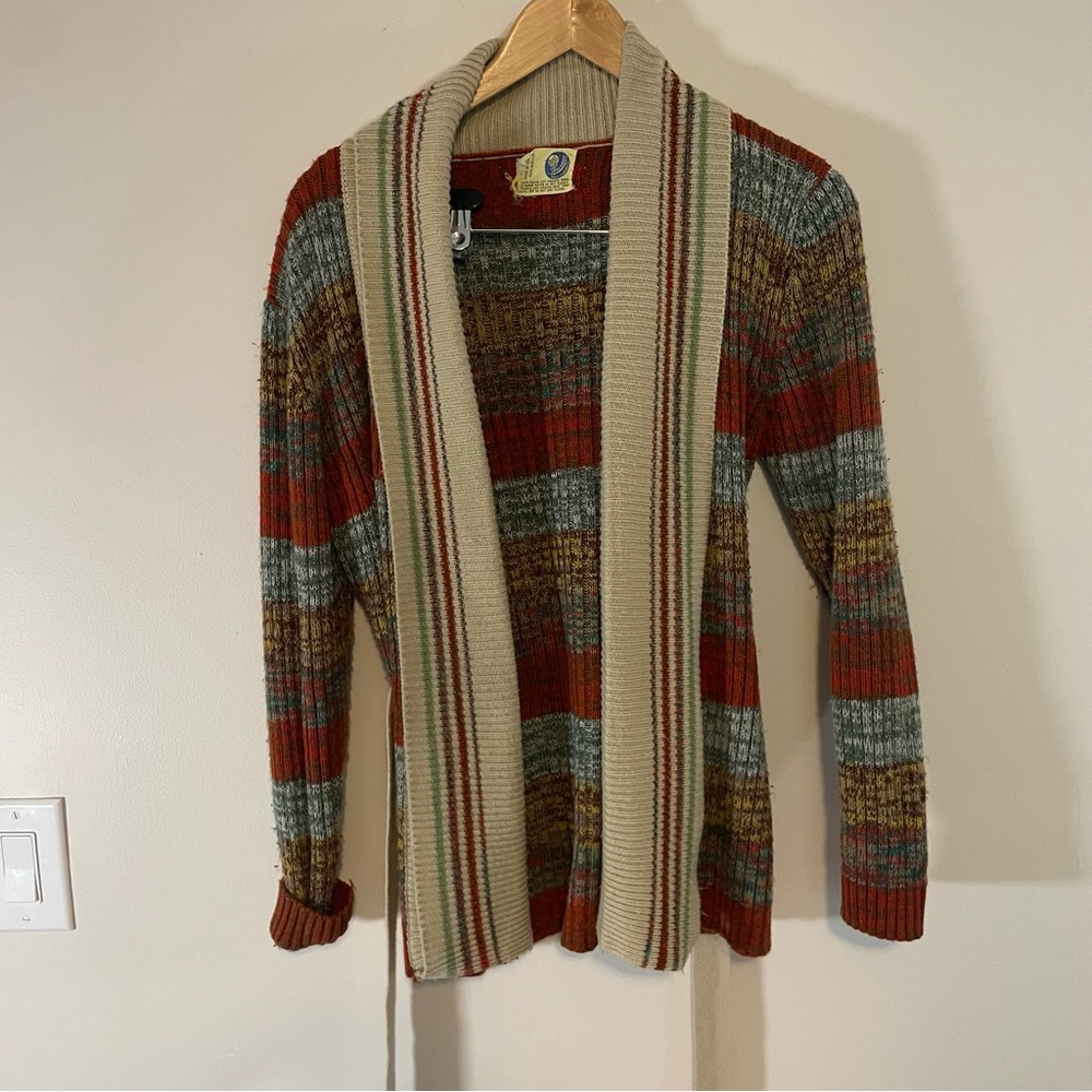 Bee Wear Womens Vintage Tan, Orange, Brown Striped Open Front Cardigan With Tie